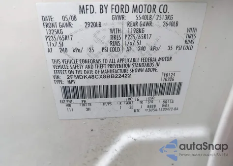 2008 Ford Edge Sel from USA, damaged, VIN 2FMDK48CX8BB22422
